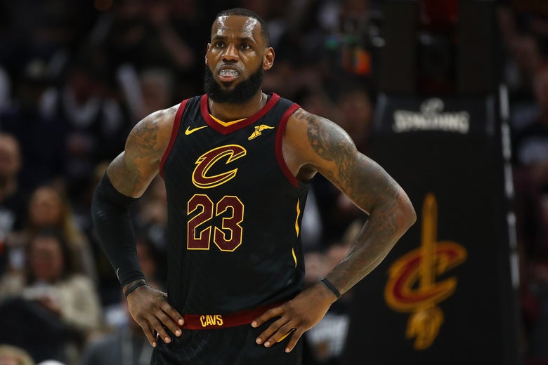 CLEVELAND, OH - APRIL 15: LeBron James #23 of the Cleveland Cavaliers looks on during the second half while playing the Indiana Pacers in Game One of the Eastern Conference Quarterfinals during the 2018 NBA Playoffs at Quicken Loans Arena on April 15, 2018 in Cleveland, Ohio. Indiana won the game 98-80 to take a 1-0 series lead. NOTE TO USER: User expressly acknowledges and agrees that, by downloading and or using this photograph, User is consenting to the terms and conditions of the Getty Images License Agreement. (Photo by Gregory Shamus/Getty Images)